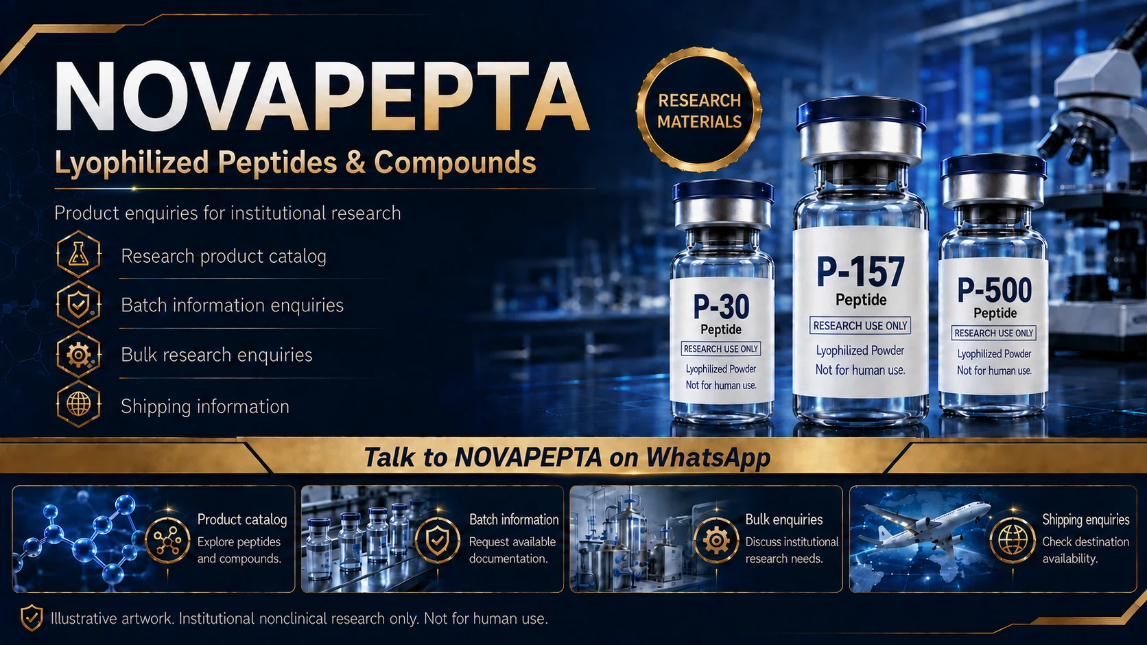 NOVAPEPTA — illustrative P-30, P-157 and P-500 peptide vials. Lyophilized peptides and compounds for institutional nonclinical research only, not for human use.